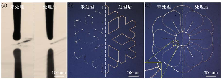 圖1-1 (a)等離子體處理前后PI表面電流體噴印時噴嘴狀態;(b)處理前后PI表面打印圖案對 比;(c)處理前后陶瓷表面打印圖案對比。 